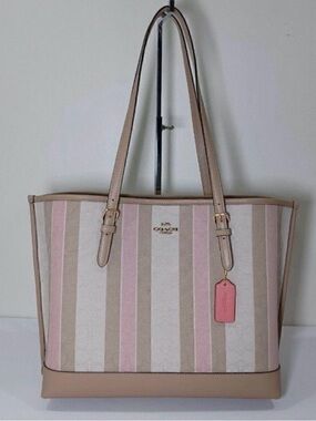 Coach Pink & Beige Striped Signature Mollie Tote